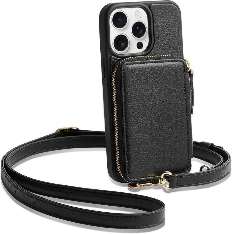 ZVE for iPhone 15 Pro Max Wallet Case Crossbody, Card Holder Phone Purse for Women, RFID Blocking Zipper Leather Cover with Wrist Strap for iPhone 15 Pro Max (6.7 inch)- Black - Image 1